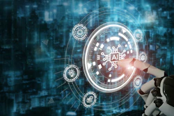 Robotic hand interacting with glowing AI digital interface in futuristic blue environment
