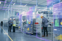 High-tech manufacturing facility with workers and digital performance metrics