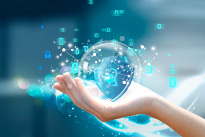 Hand holding digital globe with cybersecurity shield and binary code