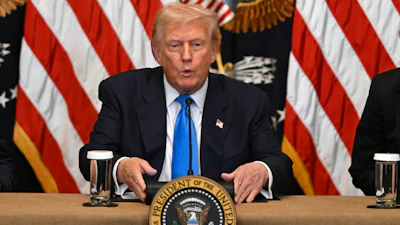 Presidential seal on podium during official government briefing