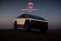 Tesla Cybertruck silhouetted at dusk with Manufacturing Now logo