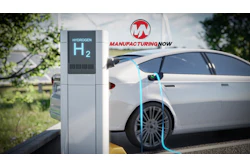 Hydrogen fuel station with white electric vehicle and Manufacturing Now logo