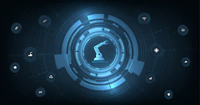 Digital Industry 4.0 robotic technology interface with circular HUD design