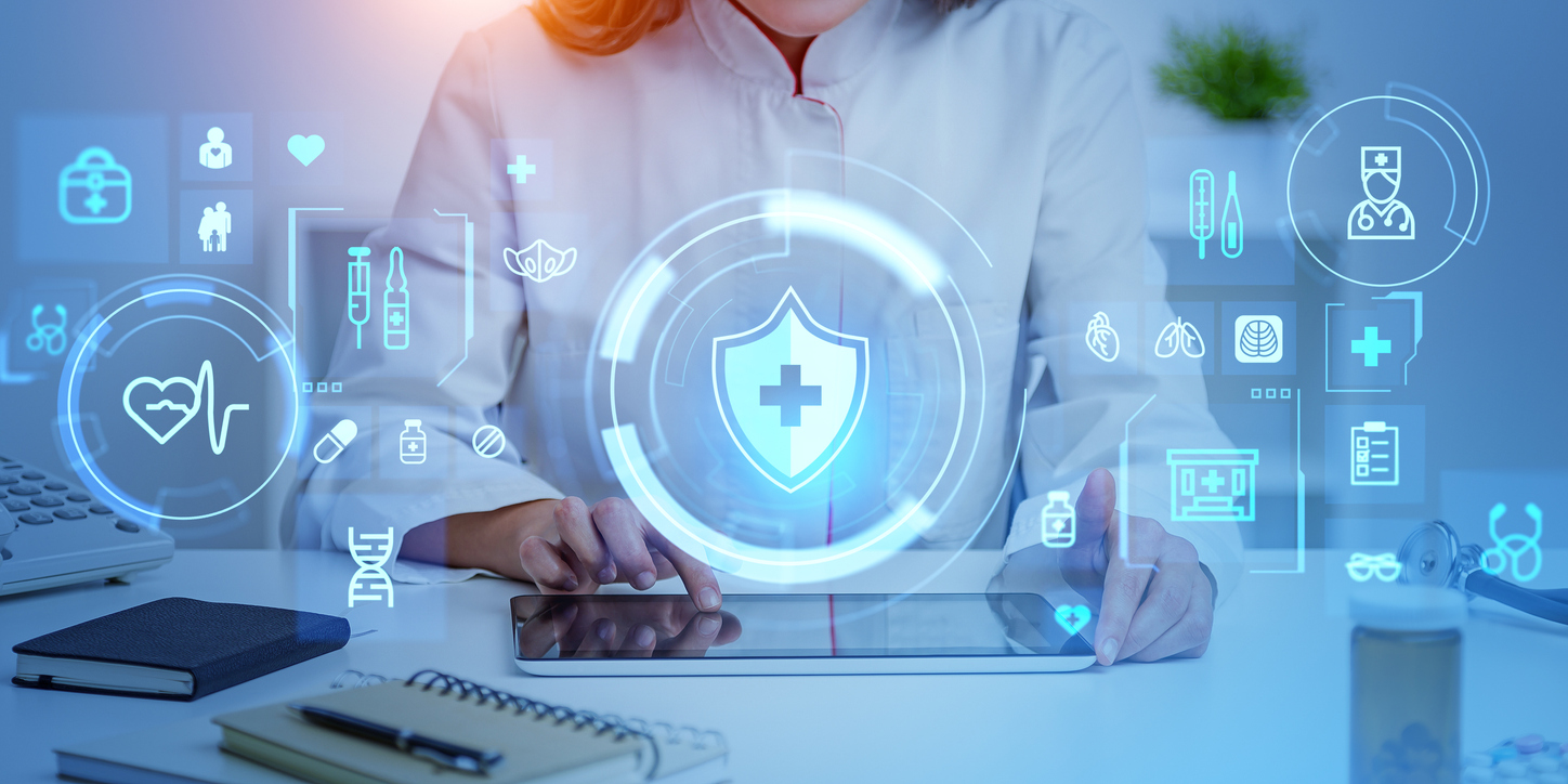 Digital healthcare interface showing medical technology with shield icon and health symbols