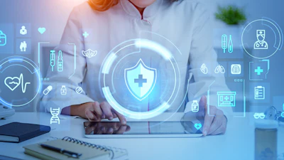 Digital healthcare interface showing medical technology with shield icon and health symbols