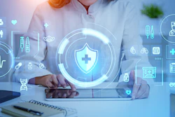 Digital healthcare interface showing medical technology with shield icon and health symbols
