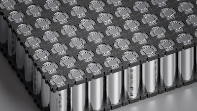 Metallic battery module with grid of cylindrical cells and modular connectors