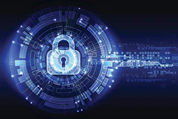 Digital lock icon representing cybersecurity with glowing blue network connections