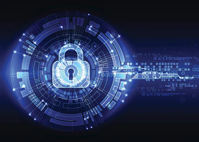 Digital lock icon representing cybersecurity with glowing blue network connections