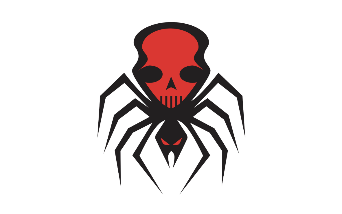 Red and black stylized spider skull logo with sharp geometric design