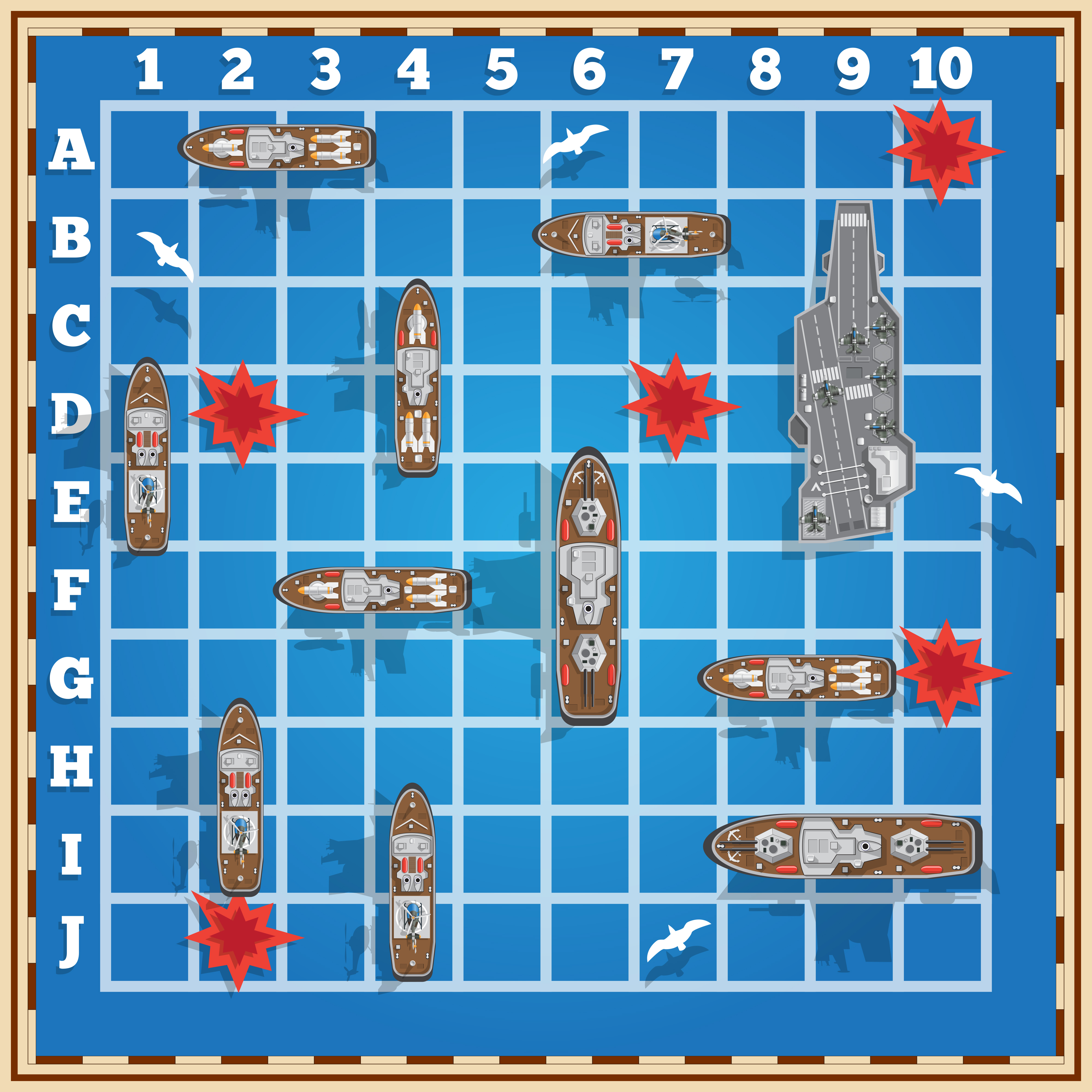 Battleship game board with naval vessels and red explosion markers on blue grid