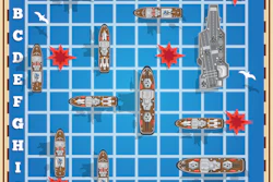 Battleship game board with naval vessels and red explosion markers on blue grid