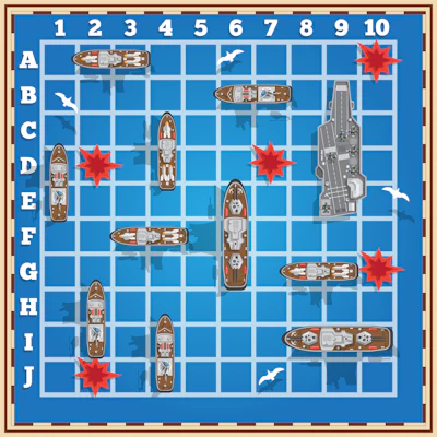 Battleship game board with naval vessels and red explosion markers on blue grid