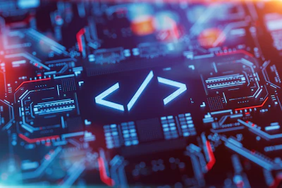 Glowing code symbol on futuristic digital circuit board with blue and red tech elements