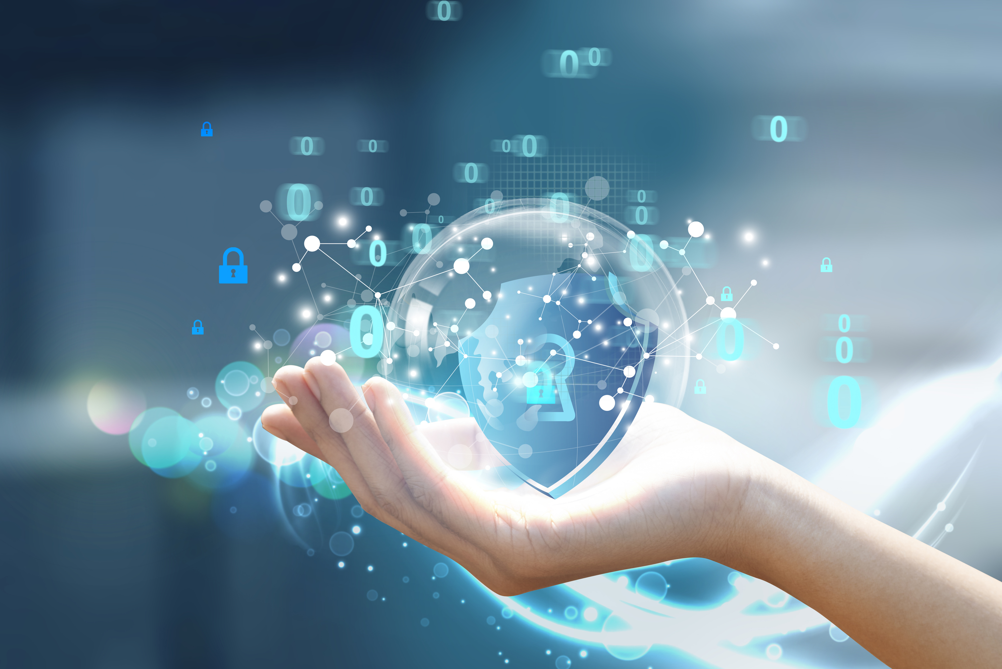 Hand holding digital globe with cybersecurity network and binary code