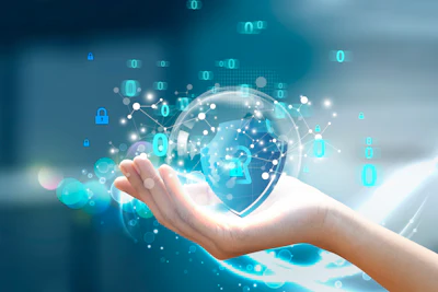 Hand holding digital globe with cybersecurity network and binary code