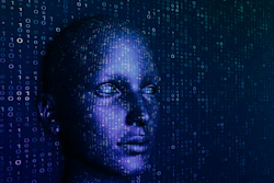 Digital human face silhouette overlaid with blue binary code matrix