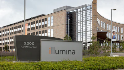 Illumina corporate headquarters with modern glass and stone building and company sign