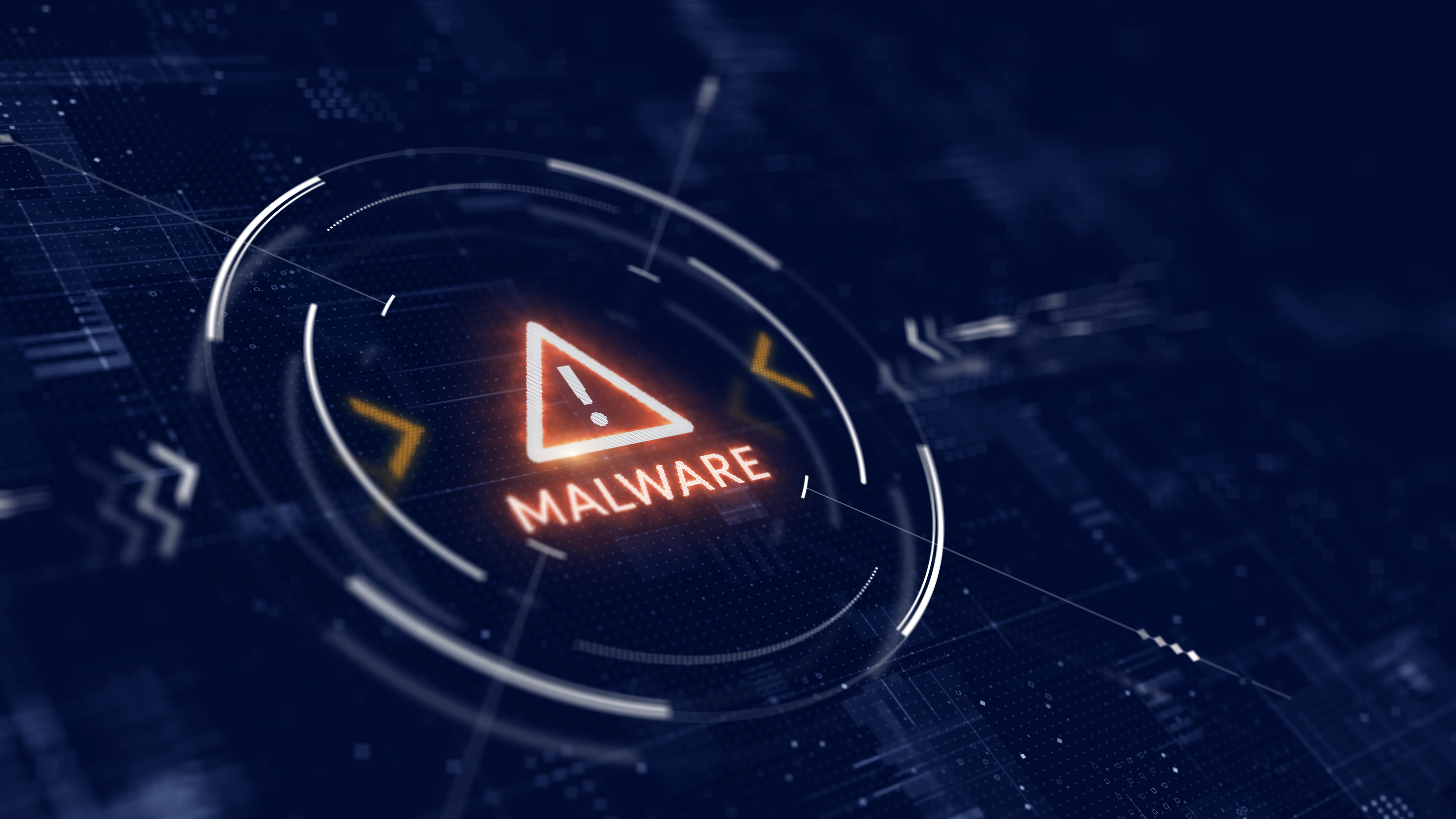 Digital cybersecurity interface showing malware warning triangle on dark tech background