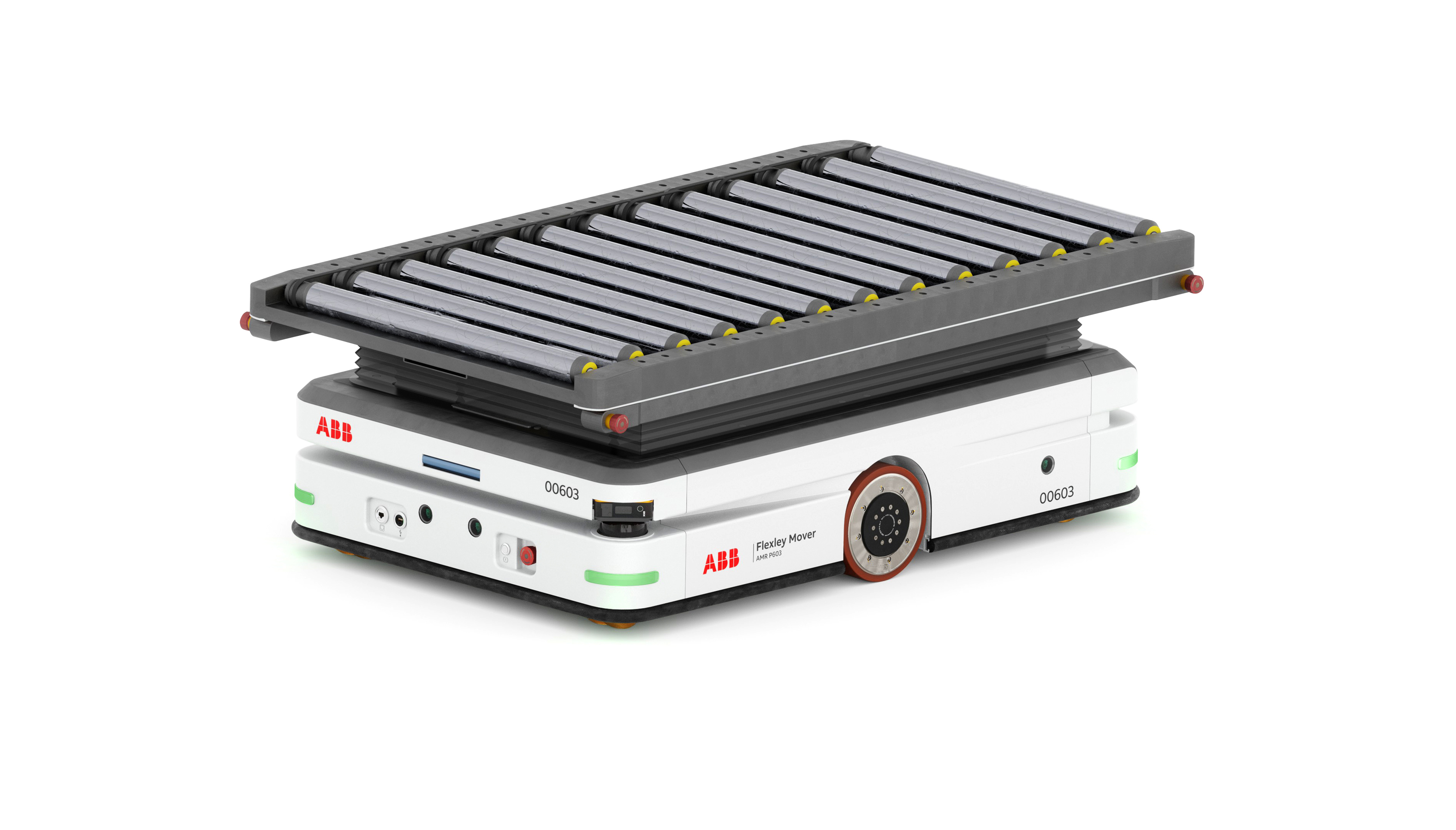 White and gray ABB autonomous mobile robot with roller conveyor platform
