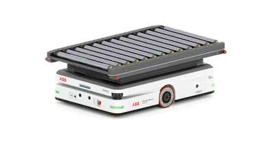 White and gray ABB autonomous mobile robot with roller conveyor platform