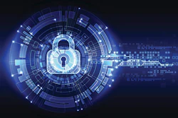 Digital cybersecurity lock icon with glowing blue network connections