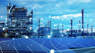 Industrial complex with solar panels, digital network icons, and blue sky backdrop