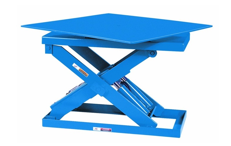 Blue industrial scissor lift platform with adjustable height mechanism