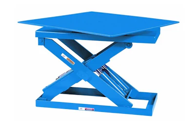 Blue industrial scissor lift platform with adjustable height mechanism