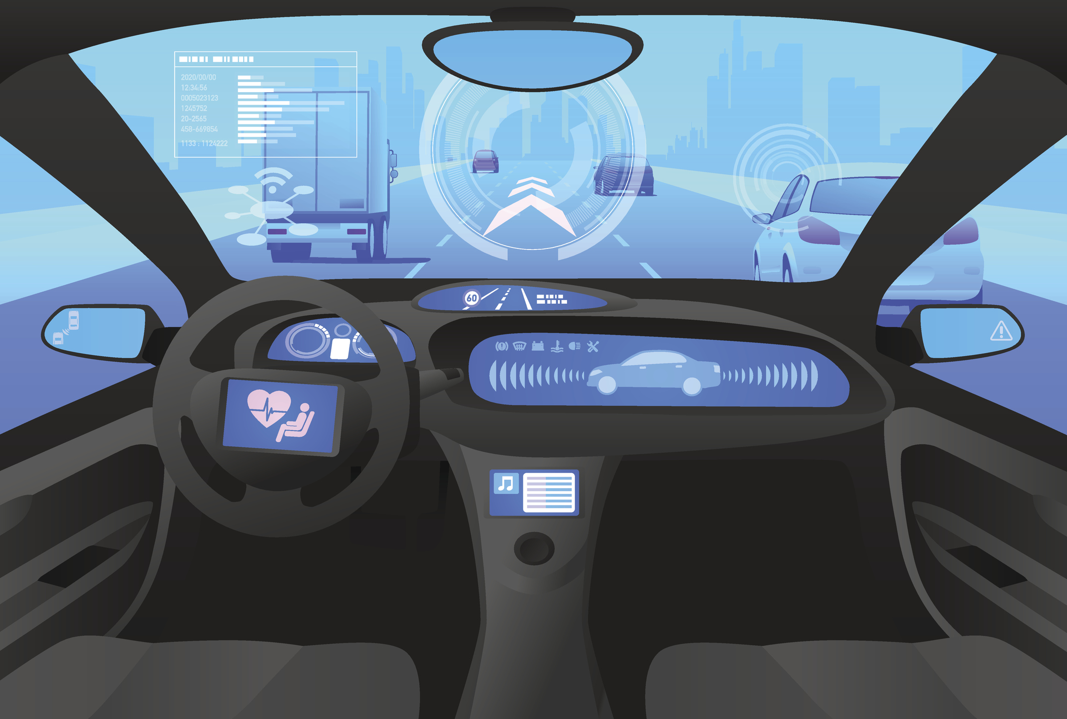 Futuristic autonomous vehicle interior with digital dashboard and augmented reality displays