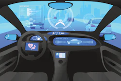 Futuristic autonomous vehicle interior with digital dashboard and augmented reality displays