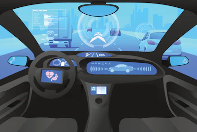 Futuristic autonomous vehicle interior with digital dashboard and augmented reality displays