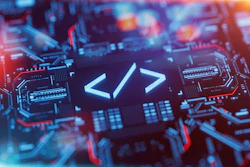 Glowing code symbol on futuristic circuit board with blue and red tech lighting