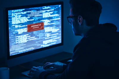 Computer screen showing programming code and password login in dark blue environment
