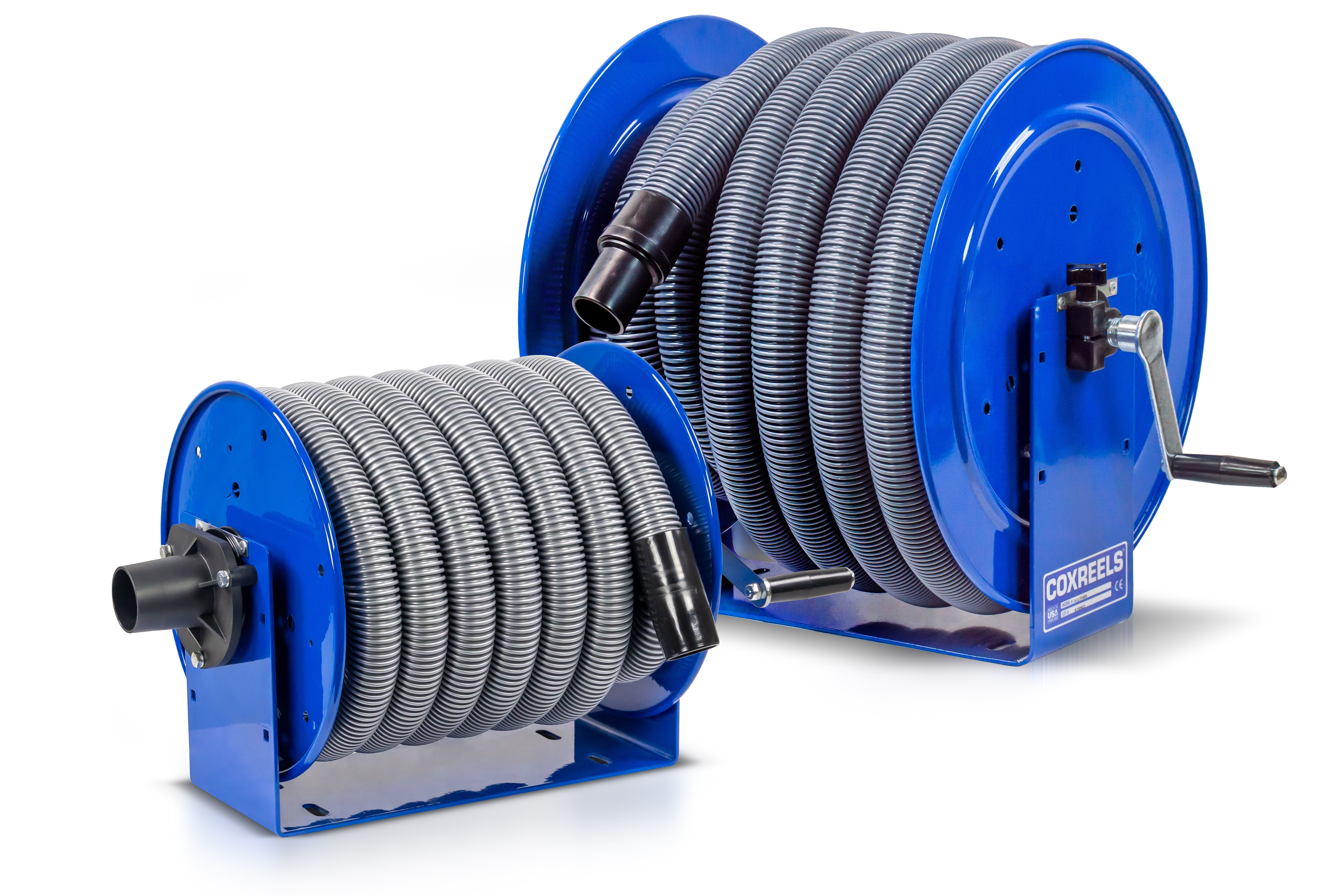Two blue industrial hose reels with coiled gray flexible hoses