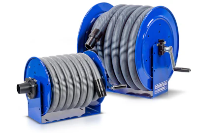 Two blue industrial hose reels with coiled gray flexible hoses