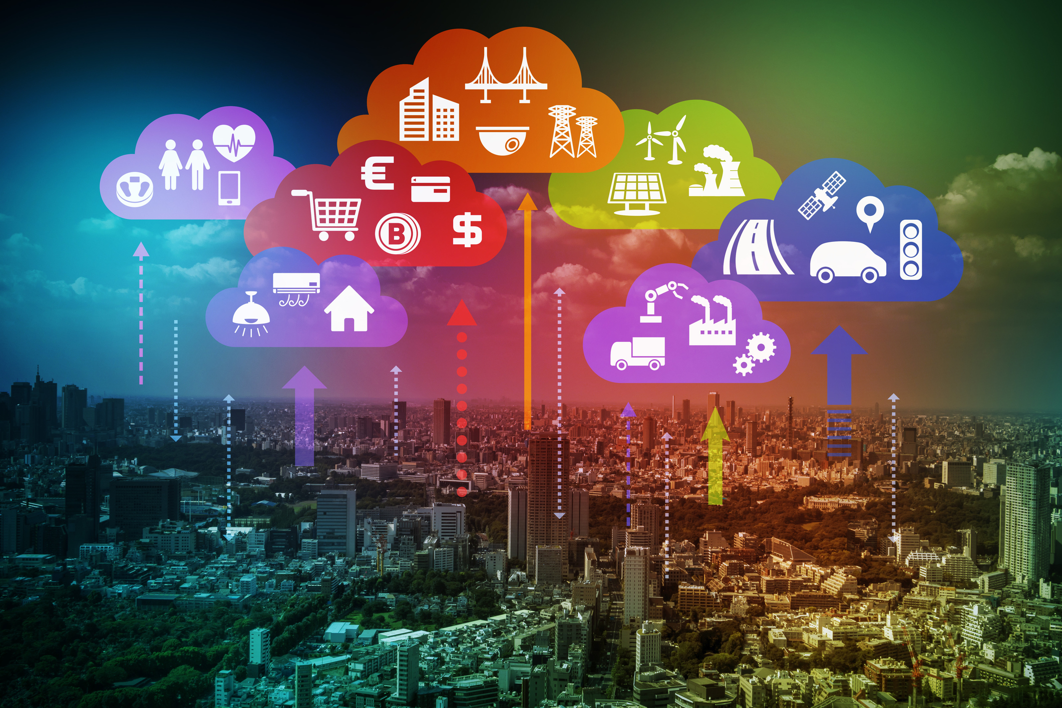 Smart city infographic showing urban landscape with cloud icons representing technology sectors
