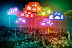 Smart city infographic showing urban landscape with cloud icons representing technology sectors