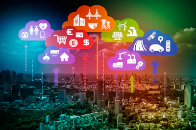 Smart city infographic showing urban landscape with cloud icons representing technology sectors
