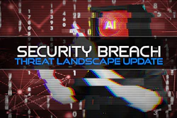 Security breach threat landscape update banner with glitch effect on dark background with AI and binary code elements