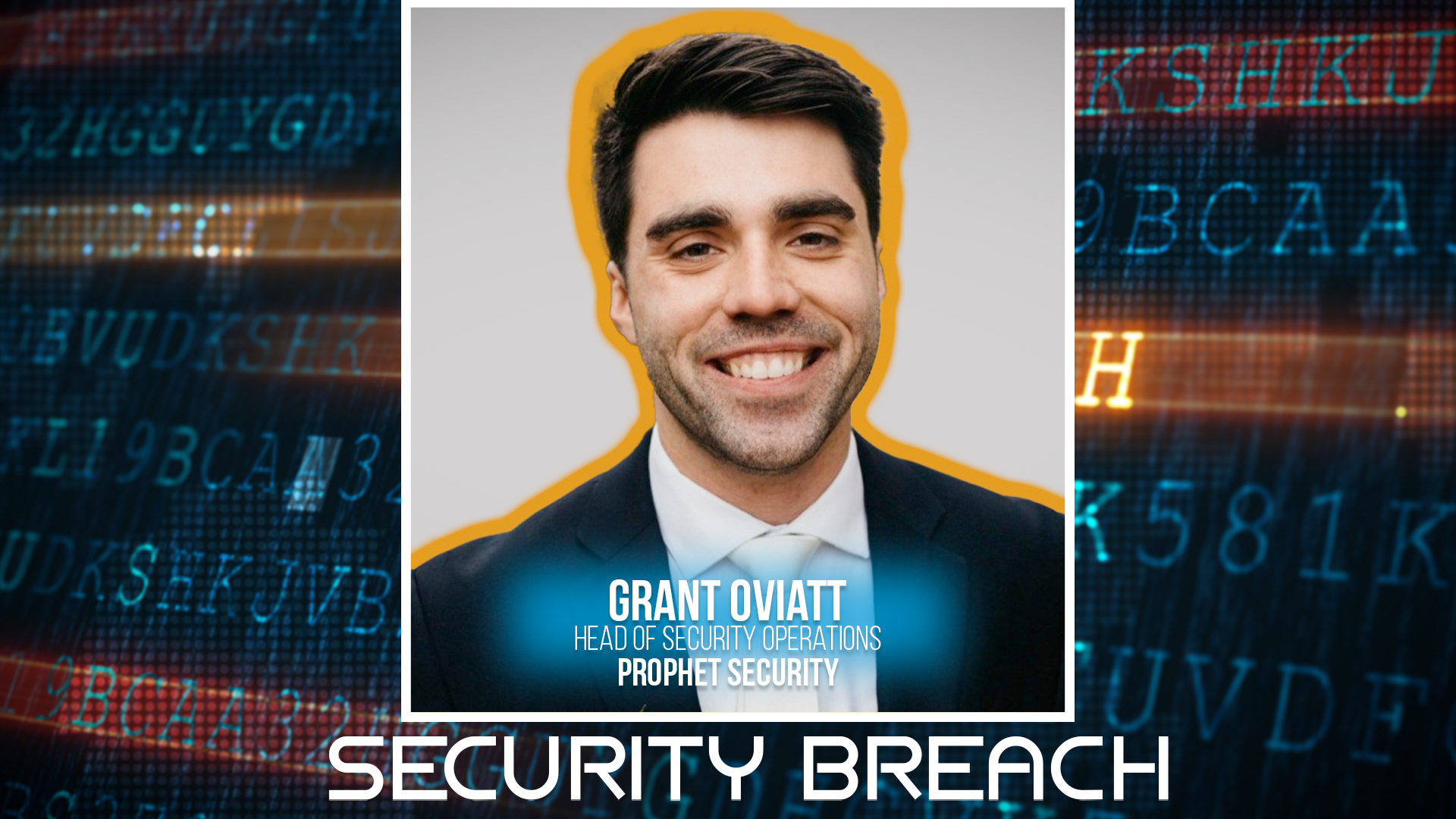 Smiling professional in blue suit with security breach graphic background