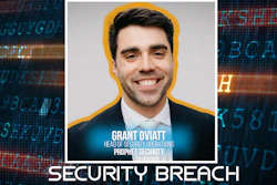 Smiling professional in blue suit with security breach graphic background