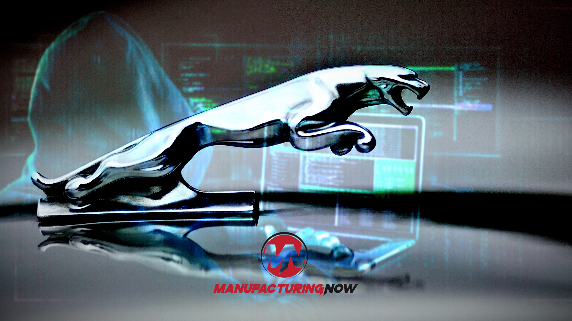 Metallic jaguar logo leaping through digital technological interface