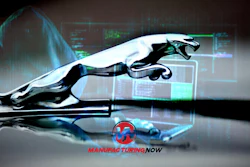 Metallic jaguar logo leaping through digital technological interface
