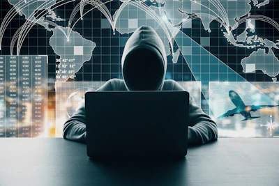 Hooded figure at laptop with global digital network map representing cybersecurity threat