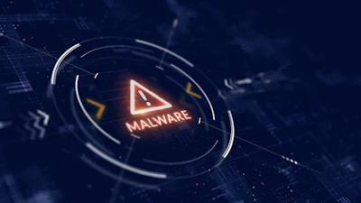 Digital cybersecurity warning with glowing malware alert on futuristic interface