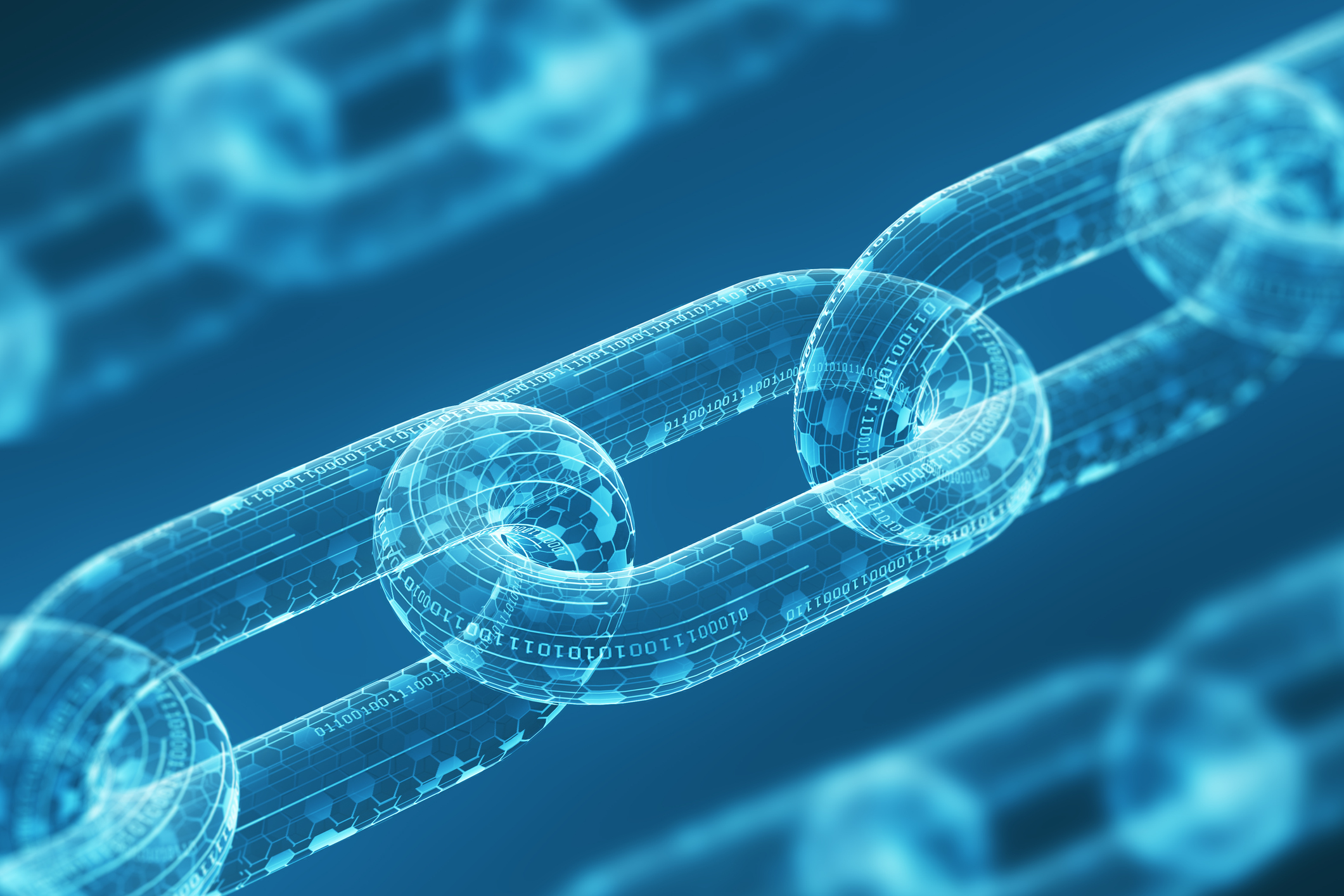 Digital blockchain network chain links with glowing blue wireframe technology visualization