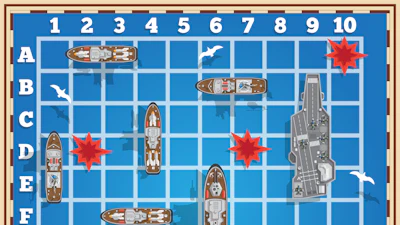 Battleship game board with naval vessels and red explosion markers