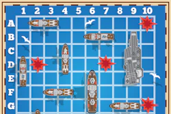 Battleship game board with naval vessels and red explosion markers