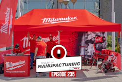 Milwaukee Tools trade show booth with red tent, product displays, and manufacturing equipment